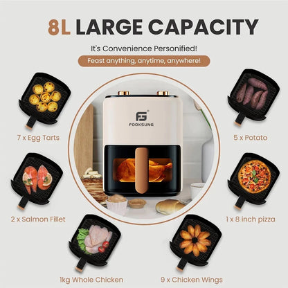Fooksung Air Fryer 8L 4000W Non-Stick Coating Visual Window Oil Free Smokeless Multifunctional 