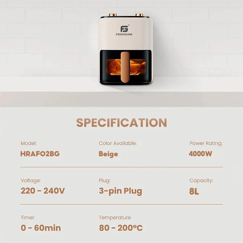 Fooksung Air Fryer 8L 4000W Non-Stick Coating Visual Window Oil Free Smokeless Multifunctional 